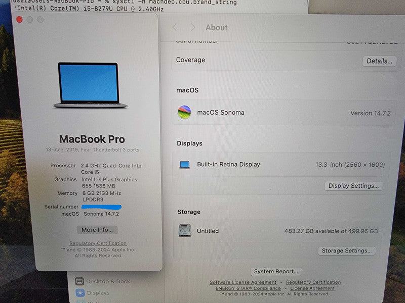 MacBook Pro 13" 2019 A1989 | 4-Core i5-8279U @2.4GHz 8GB RAM 500GB SSD - READ