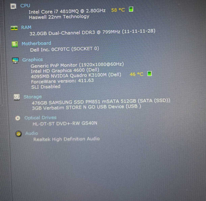 Dell Precision M6800 i7-4810MQ QUADRO K3100M 4GB GPU 32GB RAM 512GB SSD READ  Lap200