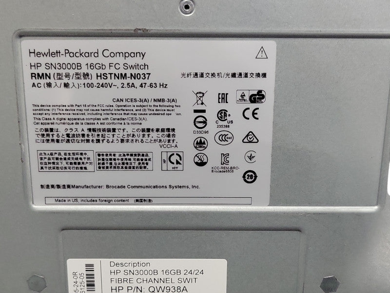 HP SN3000B QW938A 16Gb 24/24 FC Switch 2x PSU, 24-Port Active _