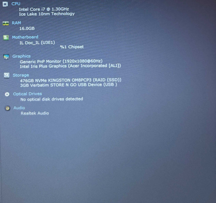 Acer Aspire 5 A515-55 Intel Core i7-1065G7@1.3GHz 16GB DDR4 RAM 512GBSSD  Lap200