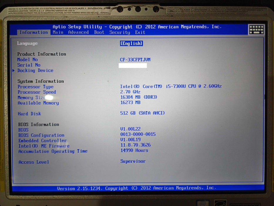 Panasonic Toughbook CF-33 Touch i5-7300U, 16GB DDR3, 512GB SSD, 14990 Hours Q Lap200