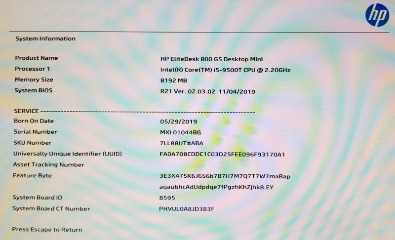 HP EliteDesk 800 G5 USFF Intel i5-9500T @2.2GHz 8GB RAM - No HDD