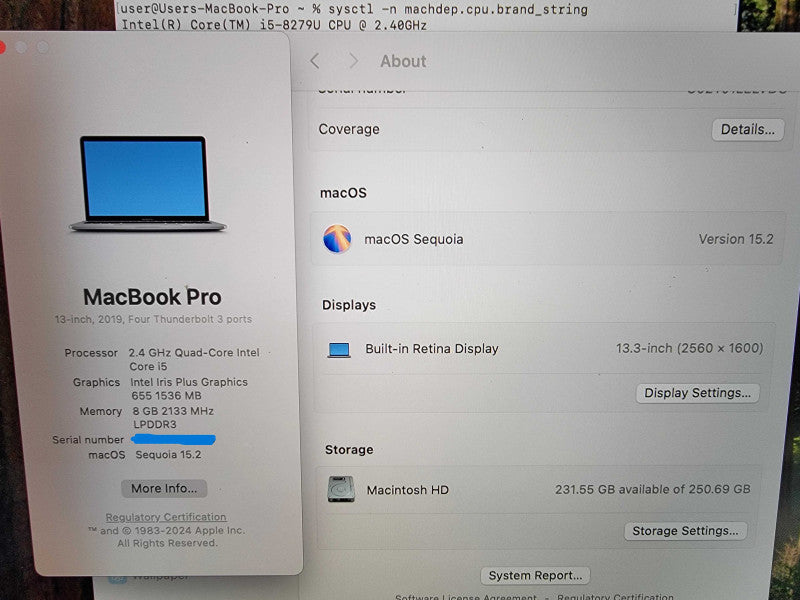 MacBook Pro 13" 2019 A1989 | I5-8279U @2.4GHz | 8GB RAM | 250GB SSD - READ