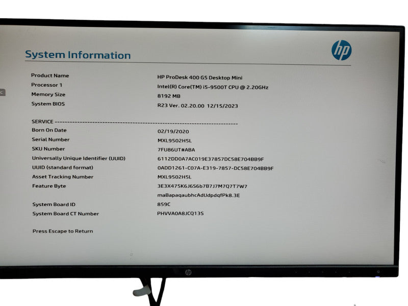 HP ProDesk 400 G5 Desktop Mini i5-9500T 2.2GHz 8GB RAM - NO HHD