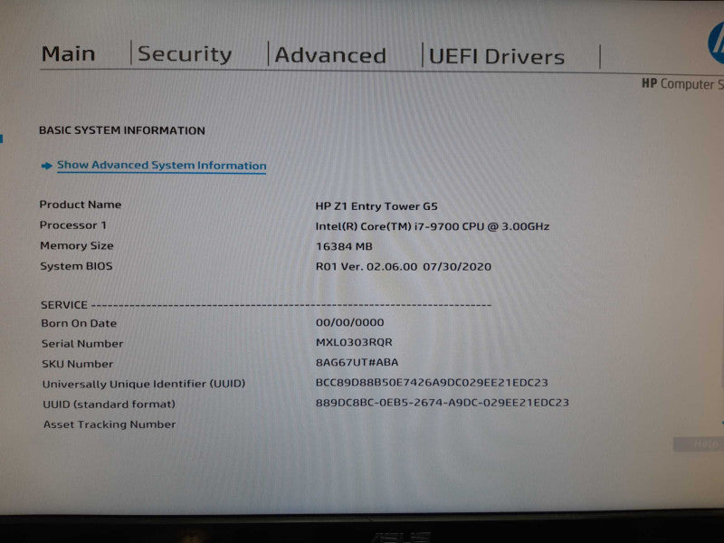 HP Z1 Tower Desktop intel i7-9700 CPU@ 3.00 GHz, 16GB DDR4, No HDD/SSD/M.2