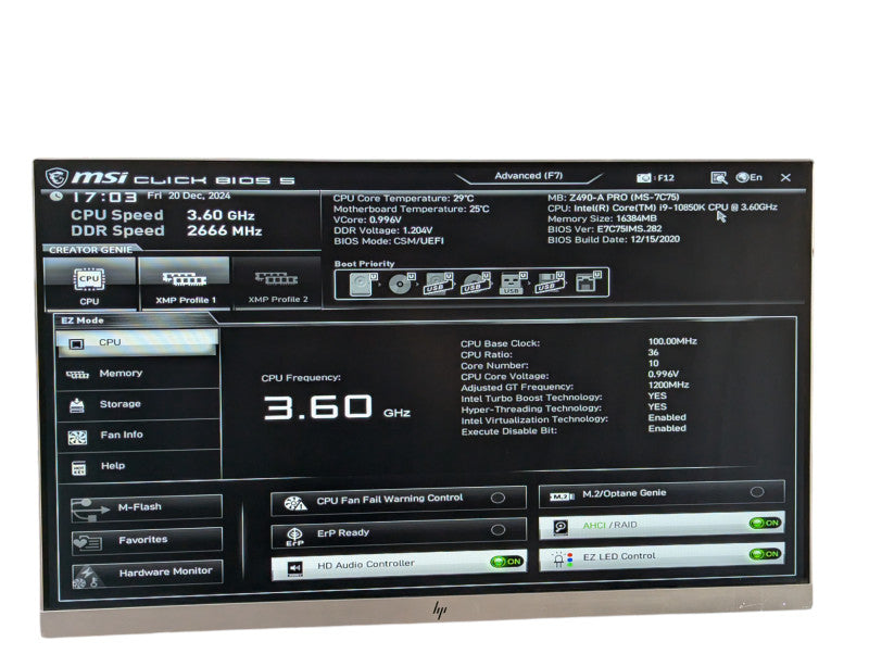 Custom PC MSI Z490-A PRO with Intel Core i9-10850K 16GB RAM 500GB NVMe  -