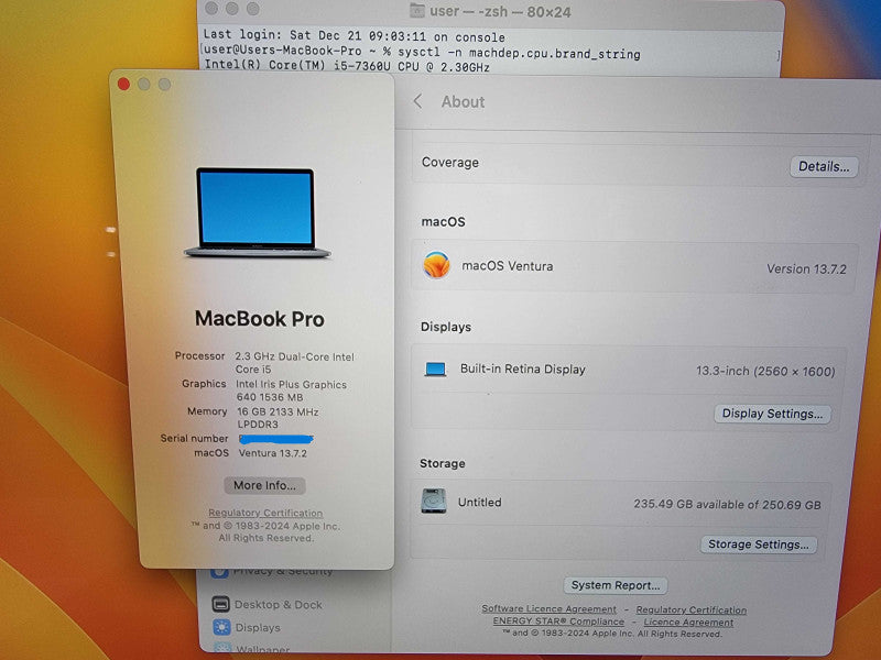 MacBook Pro 13" 2017 A1708 | i5-7360U @2.3GHz | 16GB RAM | 250GB SSD - READ Q