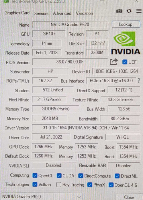 Nvidia Quadro P620 2GB GDDR5 PCIE Graphics Card 4x Mini DisplayPort Low Profi _