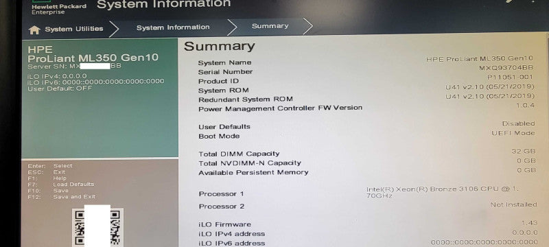 HP Proliant ML350 Gen10, 1x Xeon Bronze 3106 1.70GHz 32GB DDR4, P408-a SR G10 _