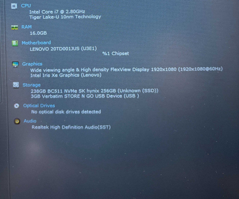Lenovo ThinkPad E15 i7-1165G7 16GB 256SSD No Power Adapter READ!  Lap200