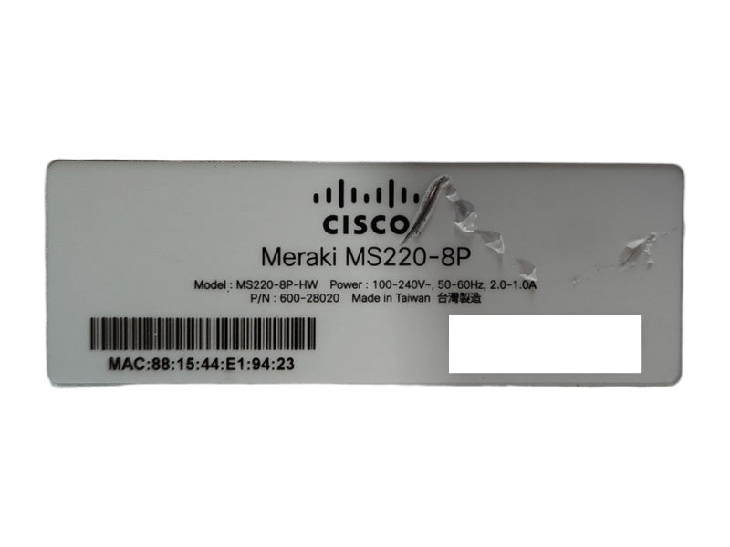 Cisco Meraki MS220-8P, 8-Port Gigabit PoE Network Switch, UNCLAIMED