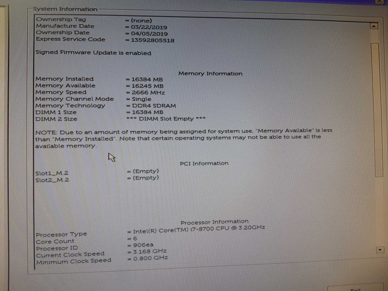 Dell OptiPlex 7060 Micro, i7-8700 CPU @ 3.20 GHz, 16 GB DDR4, No HDD/SSD/M.2