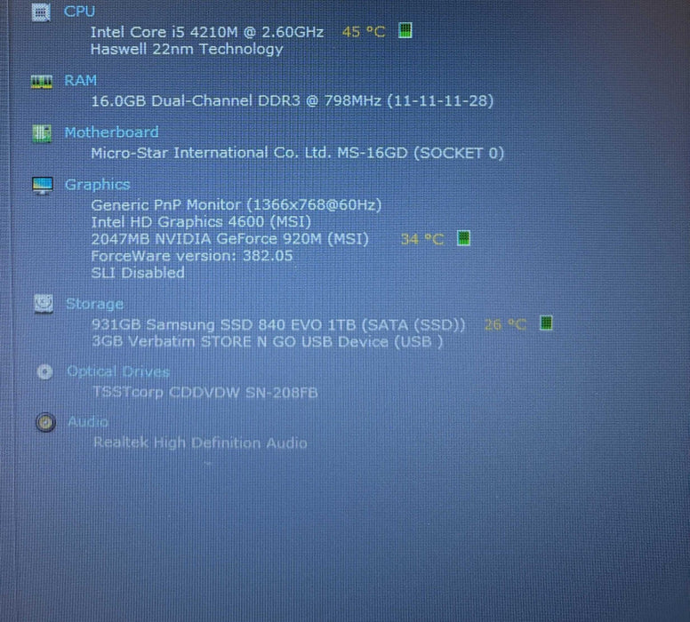 MSI MS-16GD i5-4210M@2.6GHz NVIDIA GeForce 920M 2GB GPU 16GB RAM 500GB SSD  Lap200