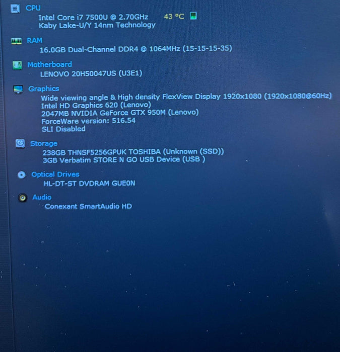 Lenovo ThinkPad E570 i7-7500U@2.7GHz GeForce GTX 950M 2GB GPU 16GB RAM 256SSD  Lap200