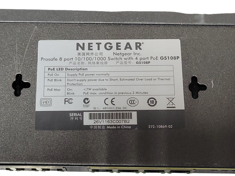 NetGear prosafe 8 port 10/100/1000 switch 4-port PoE GS108P _