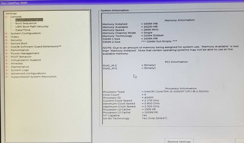 DELL OptiPlex 3090 USFF Intel i5-10500T @2.30GHz 16GB RAM - No HDD