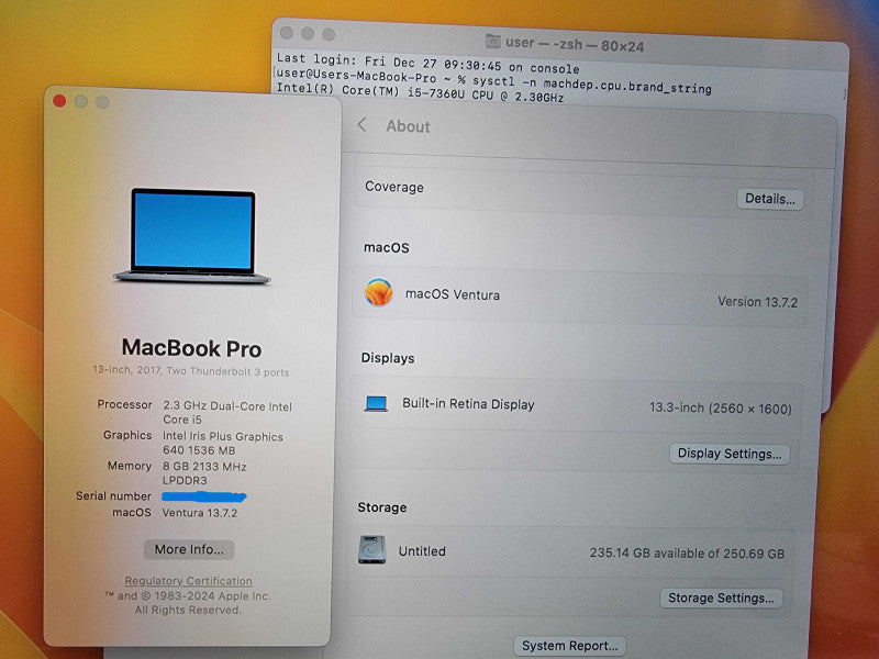 MacBook Pro A1708 2017 13" | i5-7360U @2.3GHz | 8GB RAM | 250GB SSD - READ