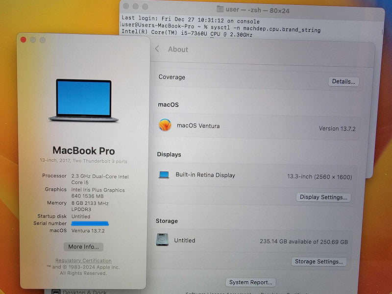 MacBook Pro A1708 2017 13" | i5-7360U @2.3GHz | 8GB RAM | 250GB SSD - READ