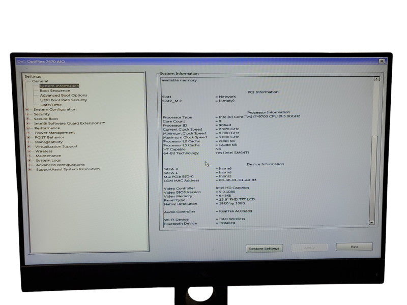 Dell Optiplex 7470 AIO Intel Core i7-9700 3.0GHz 16GB - No HDD