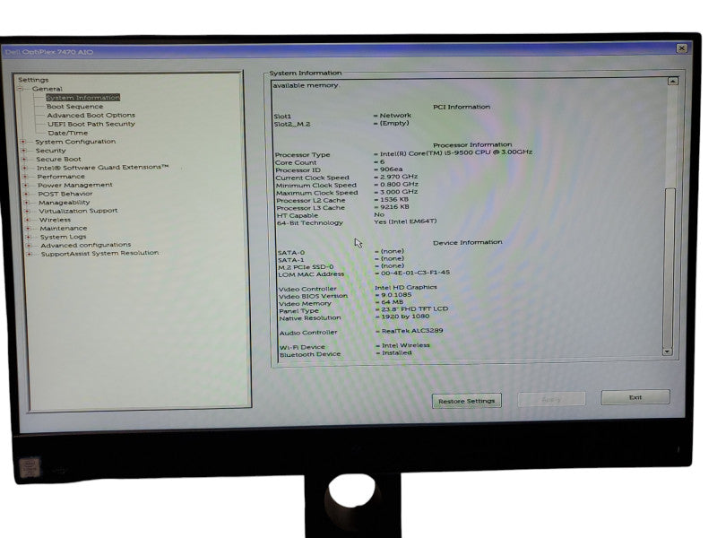 Dell OptiPlex 7470 AIO Intel Core i5-9500 16GB RAM - No HDD Q