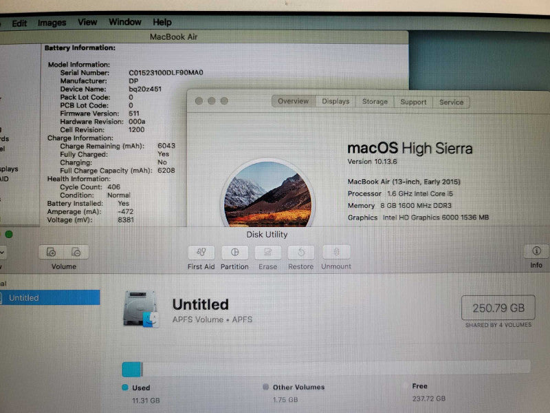 MacBook Air 205 (A4166)| i5-5250U @ 1.60GHz| 8GB DDR3| 256GB SSD NO ADAPTER  β