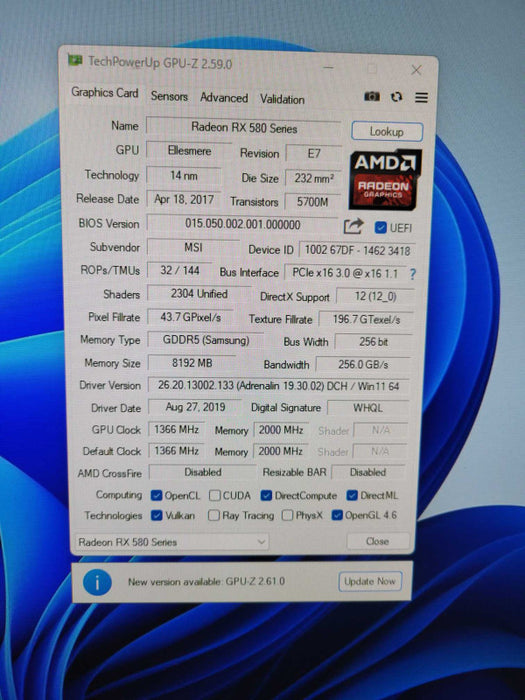 MSI RADEON RX 580 ARMOR 8G OC GRAPHICS CARD | 8GB GDDR5 !