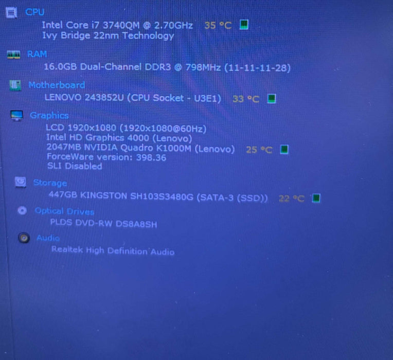 Lenovo ThinkPad W530 i7-3740MQ@2.7Gh QUADRO K1000M 2GB GPU 16GB RAM 480GB SSD  Lap200