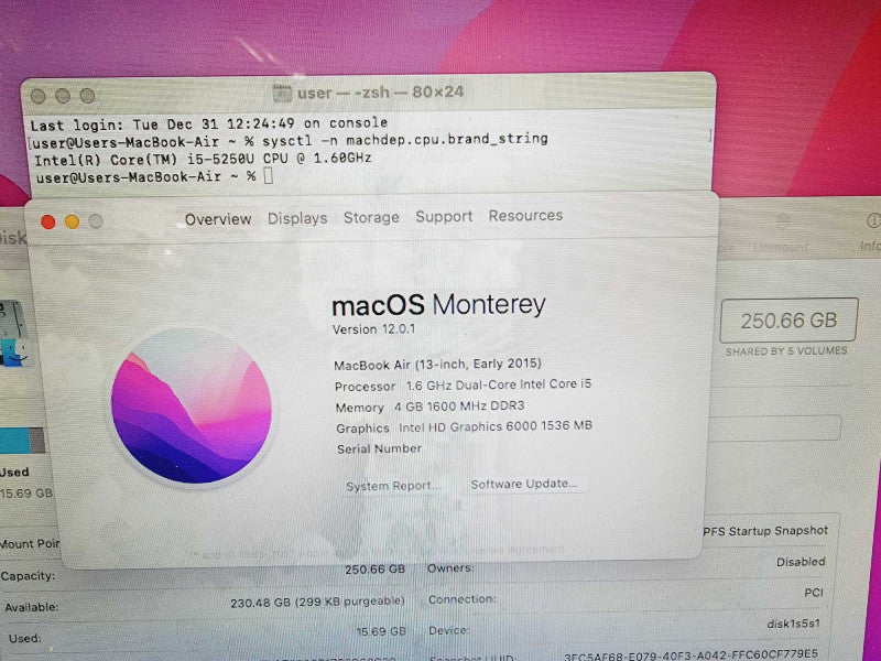 Apple Macbook Air 2015 13" 2-Core i5-5250U @ 1.6GHz 4GB DDR3 250GB SSD (
