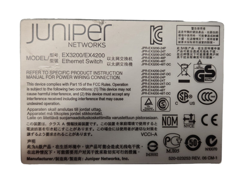 Juniper EX4200-48T 48-Port 4200 Series 8PoE w/ 1x EX-PWR-320-AC PSU
