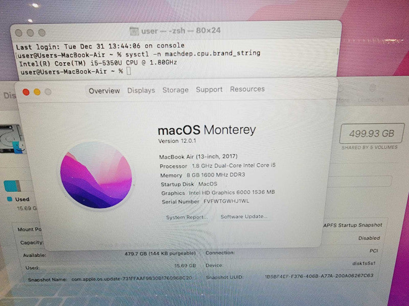 Apple Macbook Air 2017 13" 2-Core i5-5350U @ 1.8GHz 8GB DDR3 500GB SSD (