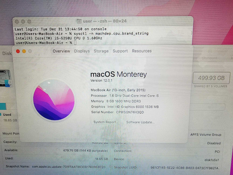 Apple Macbook Air 2015 13" 2-Core i5-5250U @ 1.6GHz 8GB DDR3 500GB SSD (