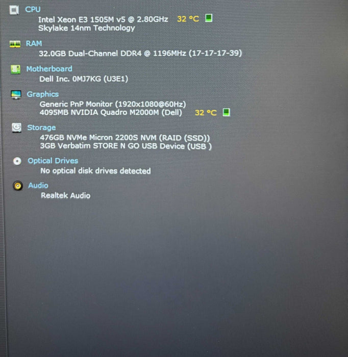 Dell Precision 7510 XEON E3-1505M@2.8Gh QUADRO M2000M 4GB GPU 32GB RAM 512SSD  Lap200