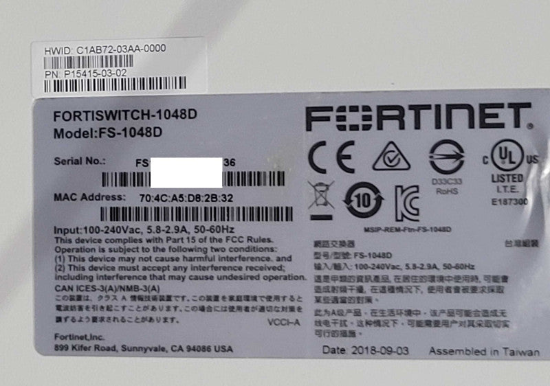 Fortinet FortiSwitch FS-1048D 48x10GE SFP+ 4x40GE, 2x PSU, READ _