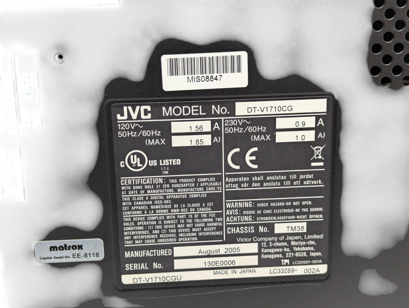 JVC 17inch Model DT-V1710CGU CRT Monitor TV  w/ 208 hours -