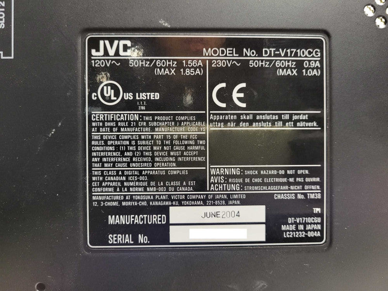 Vintage JVC 17inch dt-v1710cg grade 1 monitor with HDSDI input READ $