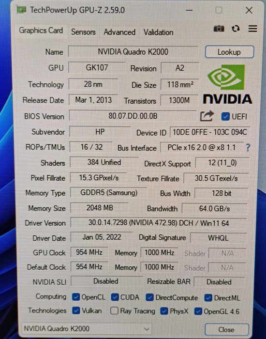 NVIDIA Quadro K2000 2GB GDDR5 Graphics Card | DVI, 2x DisplayPort