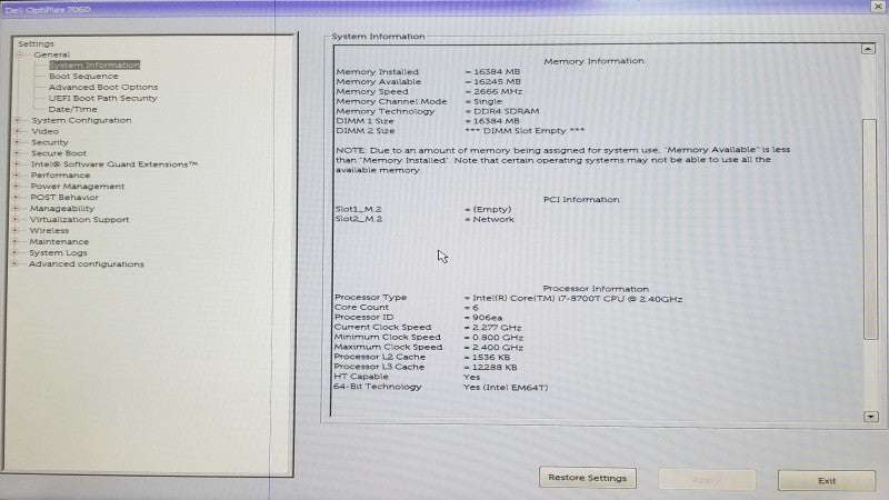 DELL OptiPlex 7060 USFF - Intel i7-8700T @2.40GHz - 16GB RAM - No HDD