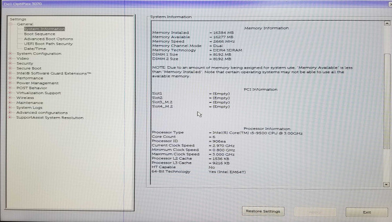 Dell Optiplex 3070 SFF | i5- 9500 CPU @ 3.00GHz | 16GB DDR4 | NO HDD Q