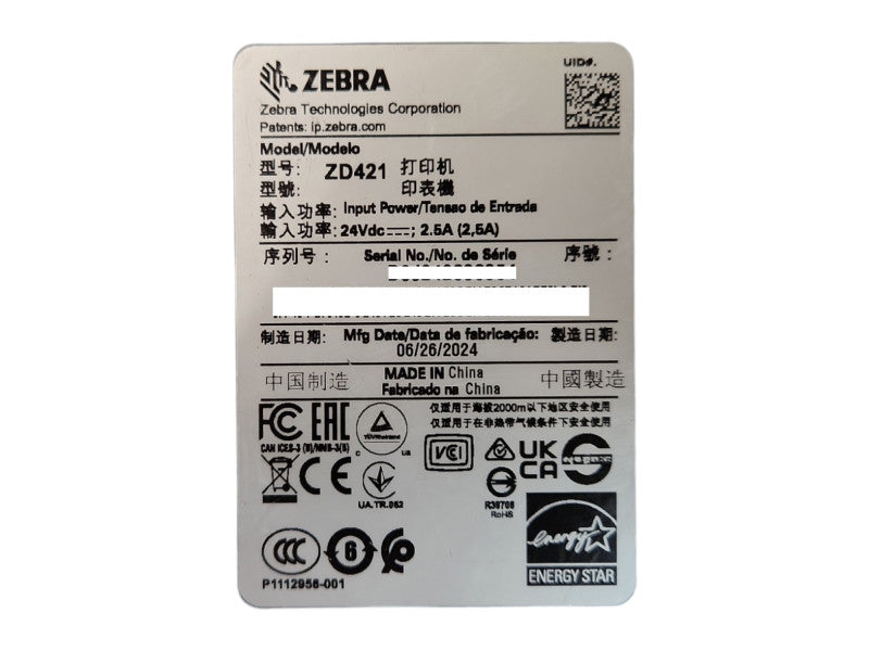 Zebra ZD421 Direct Thermal Label Printer, P/N: ZD4A042-D01M00EZ