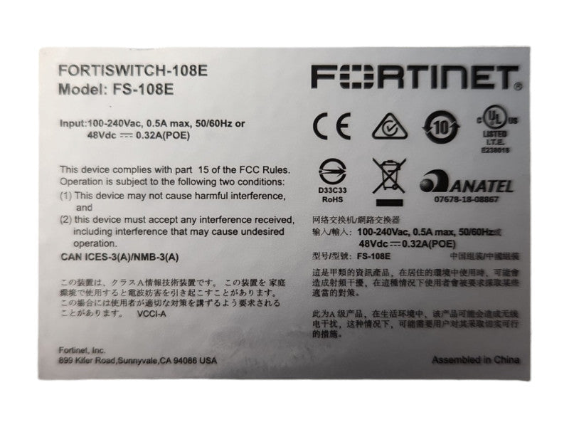 Fortinet Fortiswitch FS-108E, 8-Port Gigabit w/ 2x SFP Network Switch