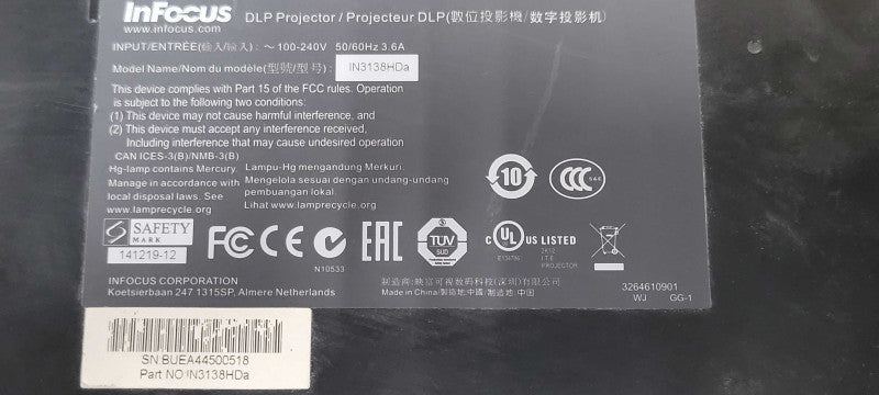 InFocus IN3138HDa DLP Projector HDMI, 893 Lamp Hours, No Remote _