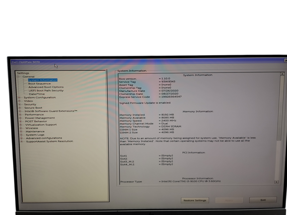 Dell OptiPlex 3070 SFF i3 - 9100 @ 3.60GHz 8GB DDR4 Ram Qθ