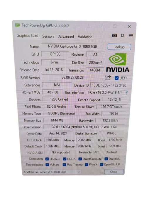 LENOVO/MSI NVIDIA GEFORCE GTX 1060 6GB PCIE %	 %