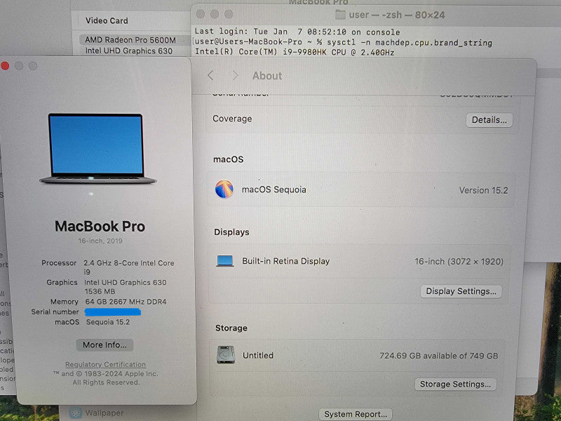 MacBook Pro A2141 2019 16" |8-Core i9-9980HK @2.4GHz 64GB DDR4 750GB SSD READ