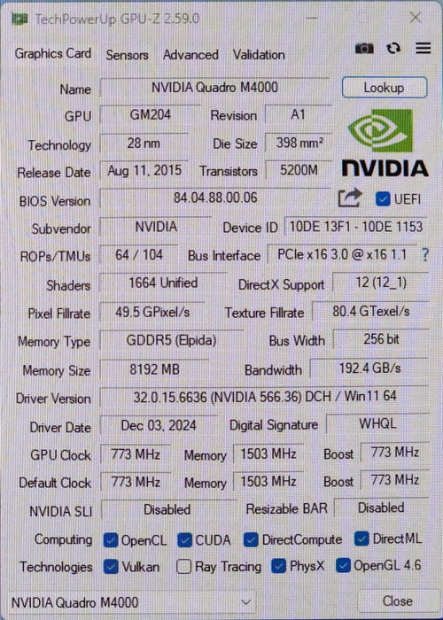 NVIDIA Quadro M4000, 8GB GDDR5 PCIe Graphics Card, 4x DisplayPort