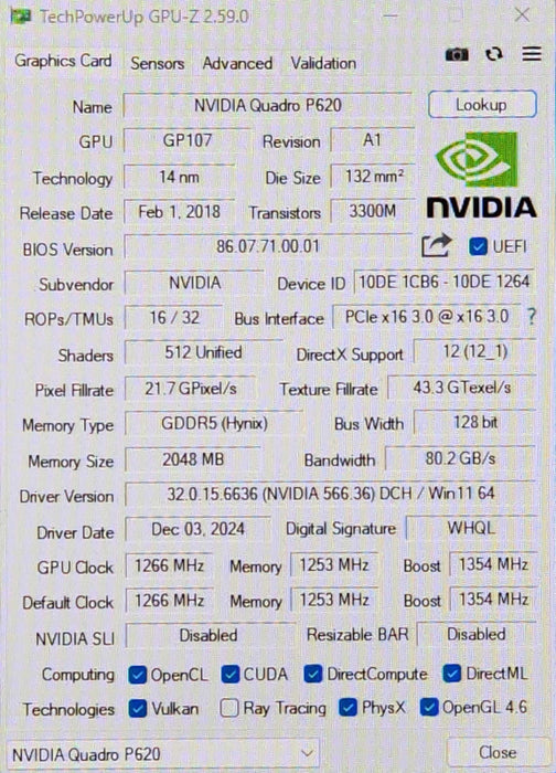 Nvidia Quadro P620 2GB GDDR5 PCIE Graphics Card 4x Mini DisplayPort