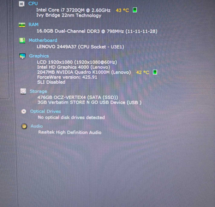 Lenovo ThinkPad W530 i7-3720QM@2.6Gh QUADRO K1000M 2GB GPU 16GB RAM 512GB SSD  Lap200