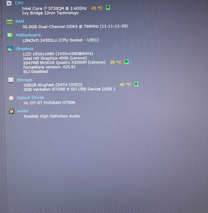 Lenovo ThinkPad W530 i7-3720QM@2.6Gh QUADRO K2000M 2GB GPU 32GB RAM 360GB SSD  Lap200
