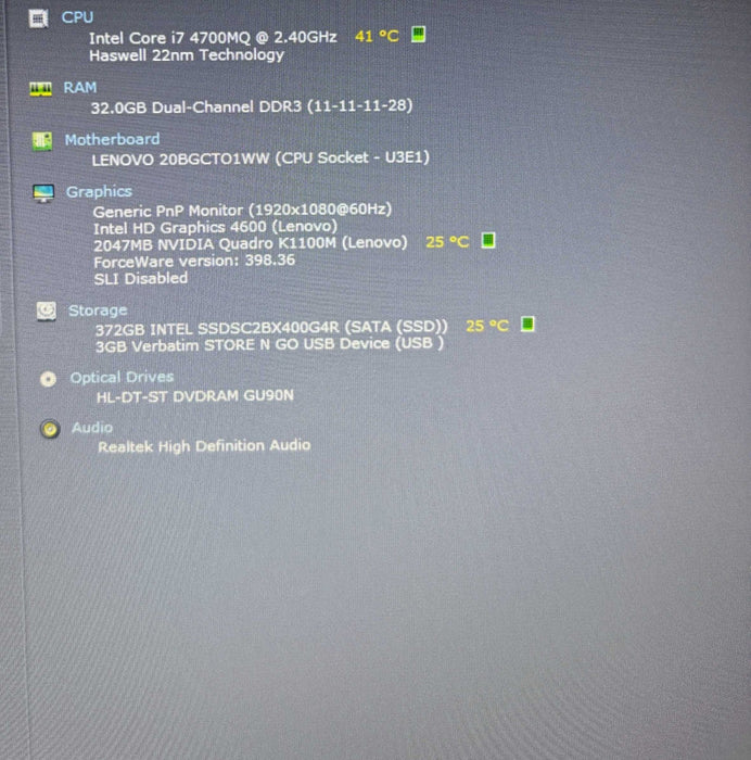 Lenovo ThinkPad W540 i7-4700MQ@2.4Gh QUADRO K1100M 2GB GPU 32GB RAM 400GB SSD  Lap200