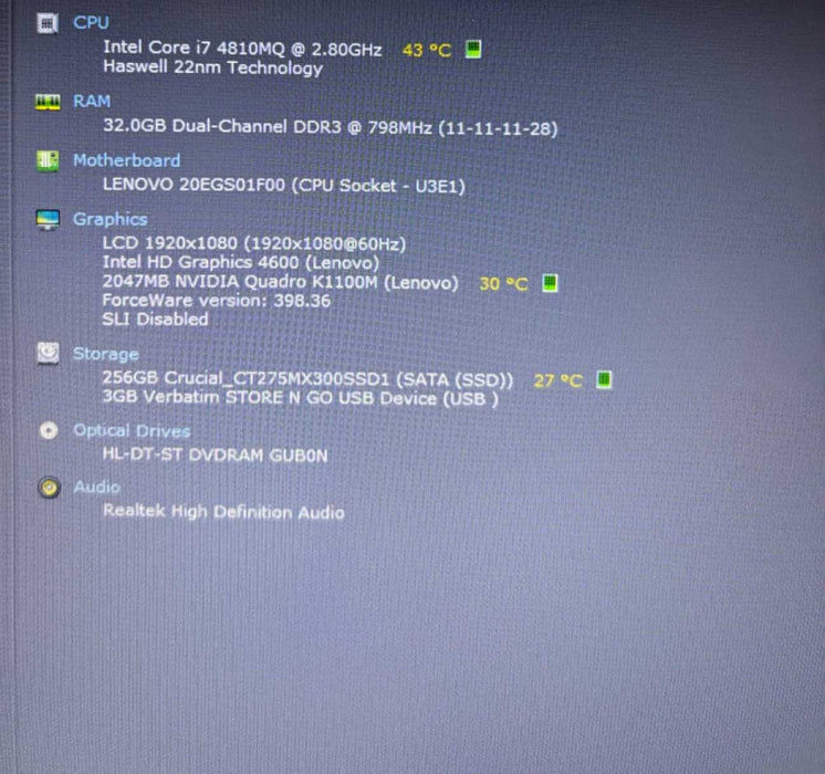 Lenovo ThinkPad W541 i7-4810MQ QUADRO K1100M 2GB GPU 32GB RAM 256GB SSD READ  Lap200